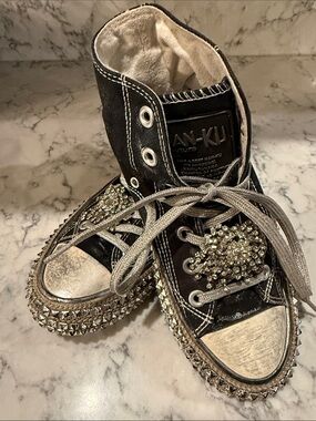 Black Embellished High-Top Sneakers with Crystal Stud Accents